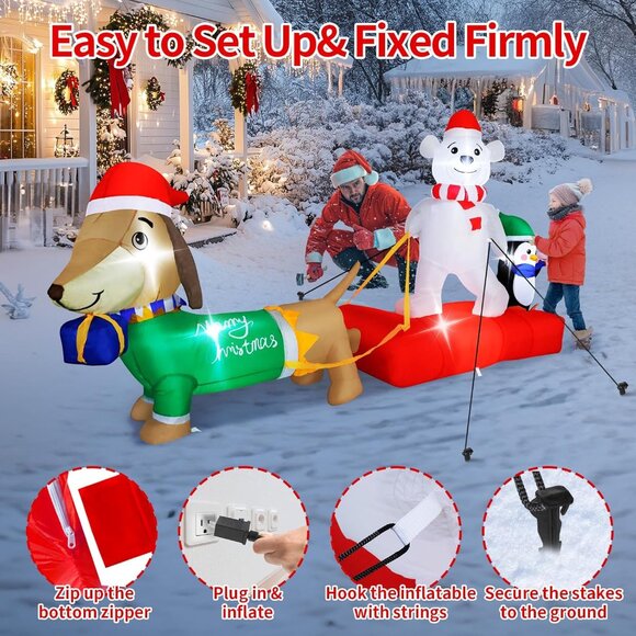 ⚡8FT Christmas Inflatables Weiner Dog Sleigh Bear&Penguins Outdoor Decorations - Picture 7 of 7